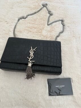 Saint Laurent calfskin crocodile embossed medium classi monogram Kate tassel bag